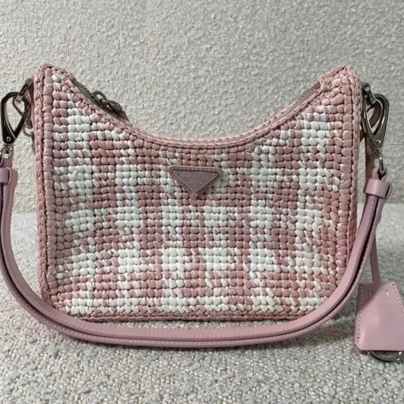 Authentic Prada Re-Edition Crochet- Knit Raffia mini handbag pink white